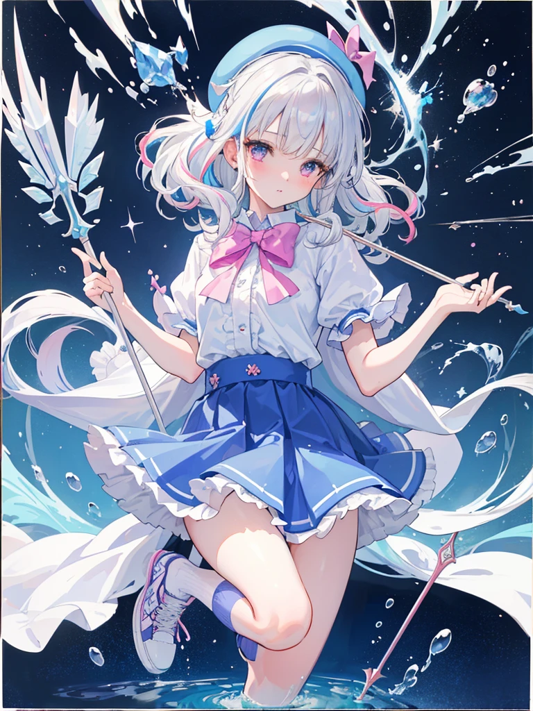 photo realistic, (masterpiece,best quality:1.4),(8k,raw photo,photo realistic:1.2),Not Safe for Work, detailed skin,detailed face,1girl,princess, cute face, super resolution,retro realistic details Illustration,,{{{elaborate,intricately,fantastic,delicately,tremendous,meticulous,minute,incredibly,obsessed,artisan's,subtle,virtuoso,skillful,vibrant, vivid, complex}}}, clearly focus edge, fresh natural gradation, best quality, amazing quality, very aesthetic, absurdres,
pubisure,
(((Blue school uniform))), mini frilled skirt, (frilled panties), happy, (White beret,Comes with a blue bow), (((The sacred weapon of thelong-handled spear of magical splashing))), (((jumping,skirt-lift))), medium bob, ((silver hair)), ((wavy hair)), shimmering eyes, Pink eyes, , 12 yo,(((cape))),((Blue the Bow)), Puffy Sleeves, Bangss, shortsleeves, ((Blue bow ribbon)),(White frilled apron), flat chest, beautiful hands, neck ribbon, wristband, arm garter, baby face, twinkle in the eye, braided bangs, ((frilled ankle socks)), (((Holding a magic spear))), (((high tops))), mary janes, Heart necklace, ring, masterpiece, top-quality, not safe for work,
yumekawa,yumekawaii,pastel color,(wonderland:1.3),imagination, ((splashing)), ((ripples)), splashing water, heart background, (water-color),((Multicolored lights)), (((trading card))),