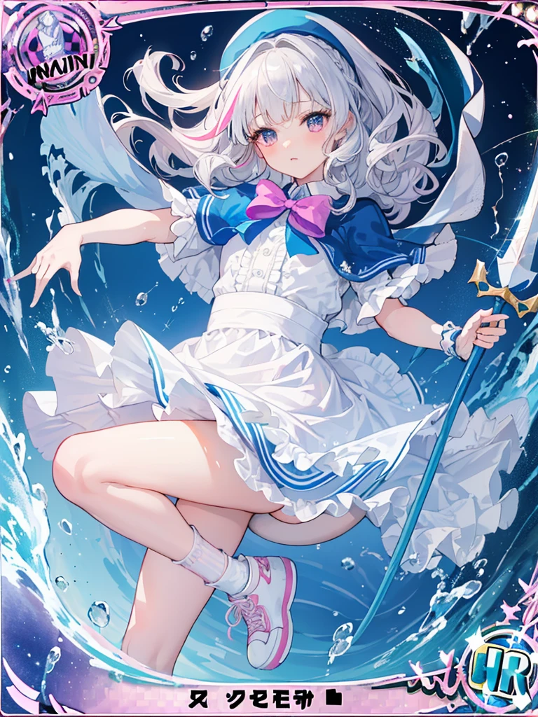 photo realistic, (masterpiece,best quality:1.4),(8k,raw photo,photo realistic:1.2),Not Safe for Work, detailed skin,detailed face,1girl,princess, cute face, super resolution,retro realistic details Illustration,,{{{elaborate,intricately,fantastic,delicately,tremendous,meticulous,minute,incredibly,obsessed,artisan's,subtle,virtuoso,skillful,vibrant, vivid, complex}}}, clearly focus edge, fresh natural gradation, best quality, amazing quality, very aesthetic, absurdres,
pubisure,
(((Blue school uniform))), mini frilled skirt, (frilled panties), happy, (White beret,Comes with a blue bow), (((The sacred weapon of thelong-handled spear of magical splashing))), (((jumping,skirt-lift))), medium bob, ((silver hair)), ((wavy hair)), shimmering eyes, Pink eyes, , 12 yo,(((cape))),((Blue the Bow)), Puffy Sleeves, Bangss, shortsleeves, ((Blue bow ribbon)),(White frilled apron), flat chest, beautiful hands, neck ribbon, wristband, arm garter, baby face, twinkle in the eye, braided bangs, ((frilled ankle socks)), (((Holding a magic spear))), (((high tops))), mary janes, Heart necklace, ring, masterpiece, top-quality, not safe for work,
yumekawa,yumekawaii,pastel color,(wonderland:1.3),imagination, ((splashing)), ((ripples)), splashing water, heart background, (water-color),((Multicolored lights)), (((trading card))),
