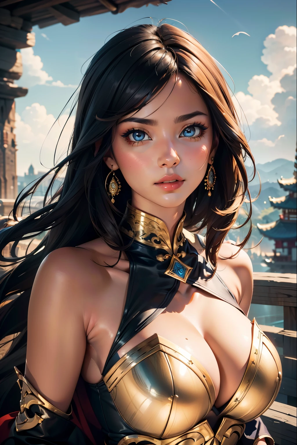 (masterpiece, best quality, highest detailed), highly detailed, photorealistic:. 1.4, UHD, trending on artstation, cute face, most beautiful in the world, long dark hair, (huge ), sky blue Chinese dress sleeveless, sexy figure, sexy pose, seductive body,
