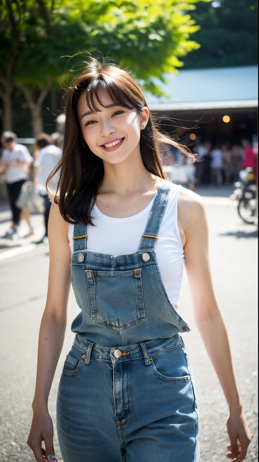 (superior quality, 8K, 32K, chef-d'artwork, UHD: 1.2), 1 fille japonaise, 23 ans, slightly wavy hairs, Doux sourire, Peau fine, intricate details, extremely realistic, porter des rollers vintage, dance outside, wearing a yellow tank top and blue jeans