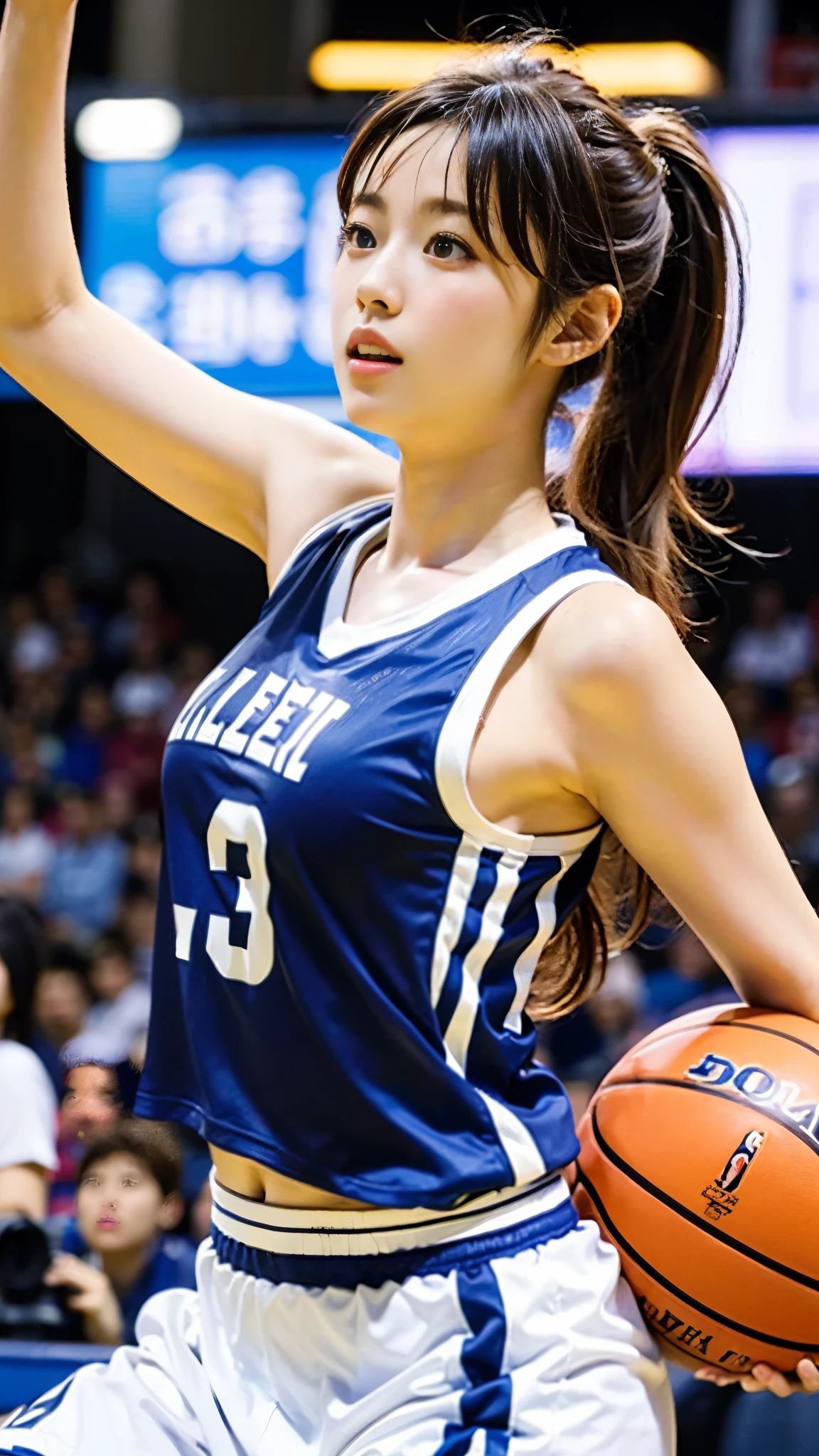 (((perfect anatomy))),(((A beautiful basketball player with outstanding style is running seriously with furrowed eyebrows on the court of a large basketball arena filled with spectators.))),A full-body photo of the moment he hit a three-point shot wearing a running shirt with a big number on his back and basketball shoes.,A photo of a beautiful basketball player wearing a bright white uniform looking forward and shooting.,(((Ulsan-6500))),(((Beautiful background bokeh with deep depth of field created by Hasselblad))),sexy waist,masterpiece,highest quality,ultra high resolution,high detailed portrait,tall nose and beautiful face,limbs like a model,The fair-skinned nape of the neck is dazzling,(((Her slim waist and stunning hips are a beauty that captivates everyone who sees her.))),Pull your chin back, keep a low stance, and run with brilliant steps.,((A dynamic photo taken from the front)),cute 20 year old, Her long, beautiful, lustrous chestnut hair is tied up in a bun, and the nape of her neck is cute.,(Her proud F cup breasts shine),long eyelashes and large eyes,,Clear double eyelids,((Glossy thick lips)),perfect anatomy,