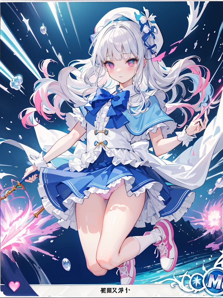 photo realistic, (masterpiece,best quality:1.4),(8k,raw photo,photo realistic:1.2),Not Safe for Work, detailed skin,detailed face,1girl,princess, cute face, super resolution,retro realistic details Illustration,,{{{elaborate,intricately,fantastic,delicately,tremendous,meticulous,minute,incredibly,obsessed,artisan's,subtle,virtuoso,skillful,vibrant, vivid, complex}}}, clearly focus edge, fresh natural gradation, best quality, amazing quality, very aesthetic, absurdres,
pubisure,
(((Blue school uniform))), mini frilled skirt, (frilled panties), happy, (White beret,Comes with a blue bow), (((The sacred weapon of thelong-handled spear of magical splashing))), (((jumping,skirt-lift))), medium bob, ((silver hair)), ((wavy hair)), shimmering eyes, Pink eyes, , 12 yo,(((cape))),((Blue the Bow)), Puffy Sleeves, Bangss, shortsleeves, ((Blue bow ribbon)),(White frilled apron), flat chest, beautiful hands, neck ribbon, wristband, arm garter, baby face, twinkle in the eye, braided bangs, ((frilled ankle socks)), (((Holding a magic spear))), (((high tops))), mary janes, Heart necklace, ring, masterpiece, top-quality, not safe for work,
yumekawa,yumekawaii,pastel color,(wonderland:1.3),imagination, ((splashing)), ((ripples)), splashing water, heart background, (water-color),((Multicolored lights)), (((trading card))),

