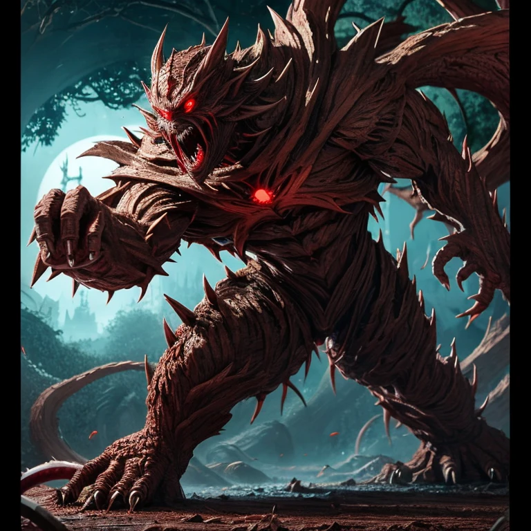 monster,tentacle,scale,bat wings,Bulk,monster,evil God,eyeball,magic book,cane,red eyes,tree bark,Blood vessel,quadrupedal walking,to be born々new,evil,core,Lots of mouths,teeth,sharp nails, negative aura,spines,Tree roots,wood monster,