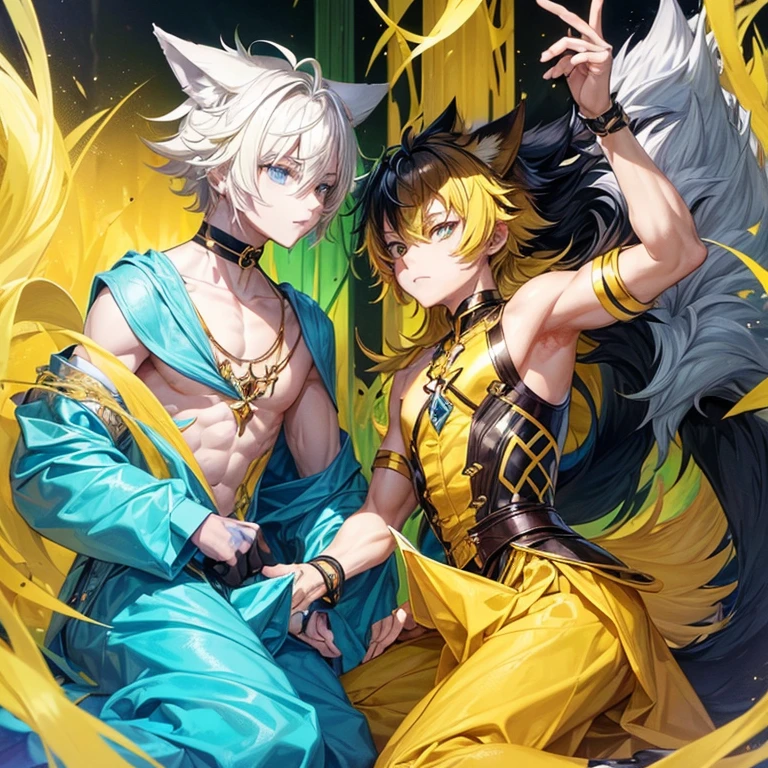 (A male with blond hair and light yellow wolf ears, one yellow and eye one red, tall, likes the color green, Alpha) , (the second male, has black hair with blue wolf ears, short, likes the color blue, Bata) (males only)
