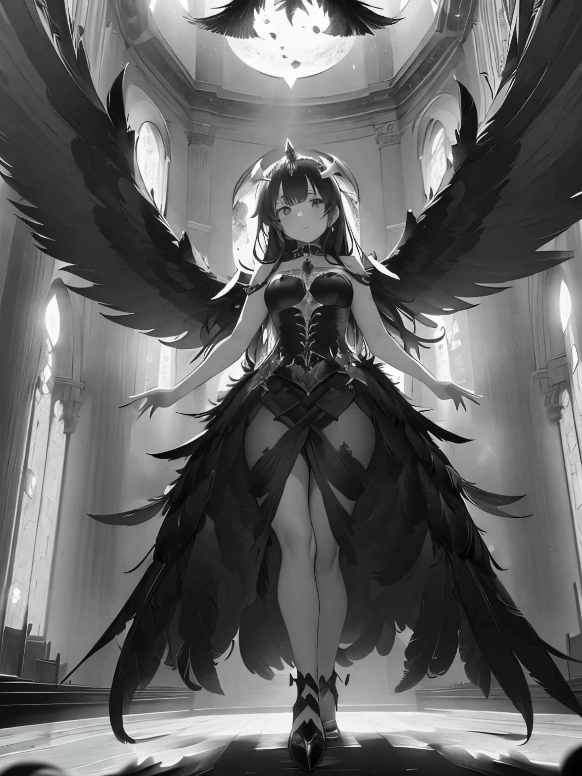 (fallen Angel),(A luxurious church with a majestic atmosphere:1.25),(A large amount of black feathers are flying:1.3),(Spread your wings and stand in the center:1.25),(perspective from below:1.3),(influence),(moonlight shines in:1.5),(black and white:1.4),