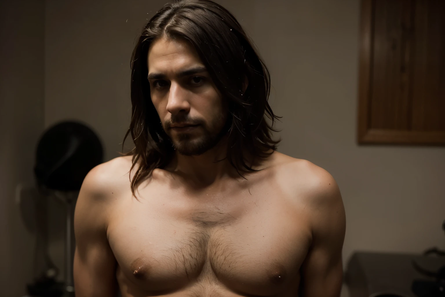 33-year-old man, Melancholic, alto, serio, piel aperlada, barba negra, cabello largo, misanthrope, ropa negra y aspecto rudo.