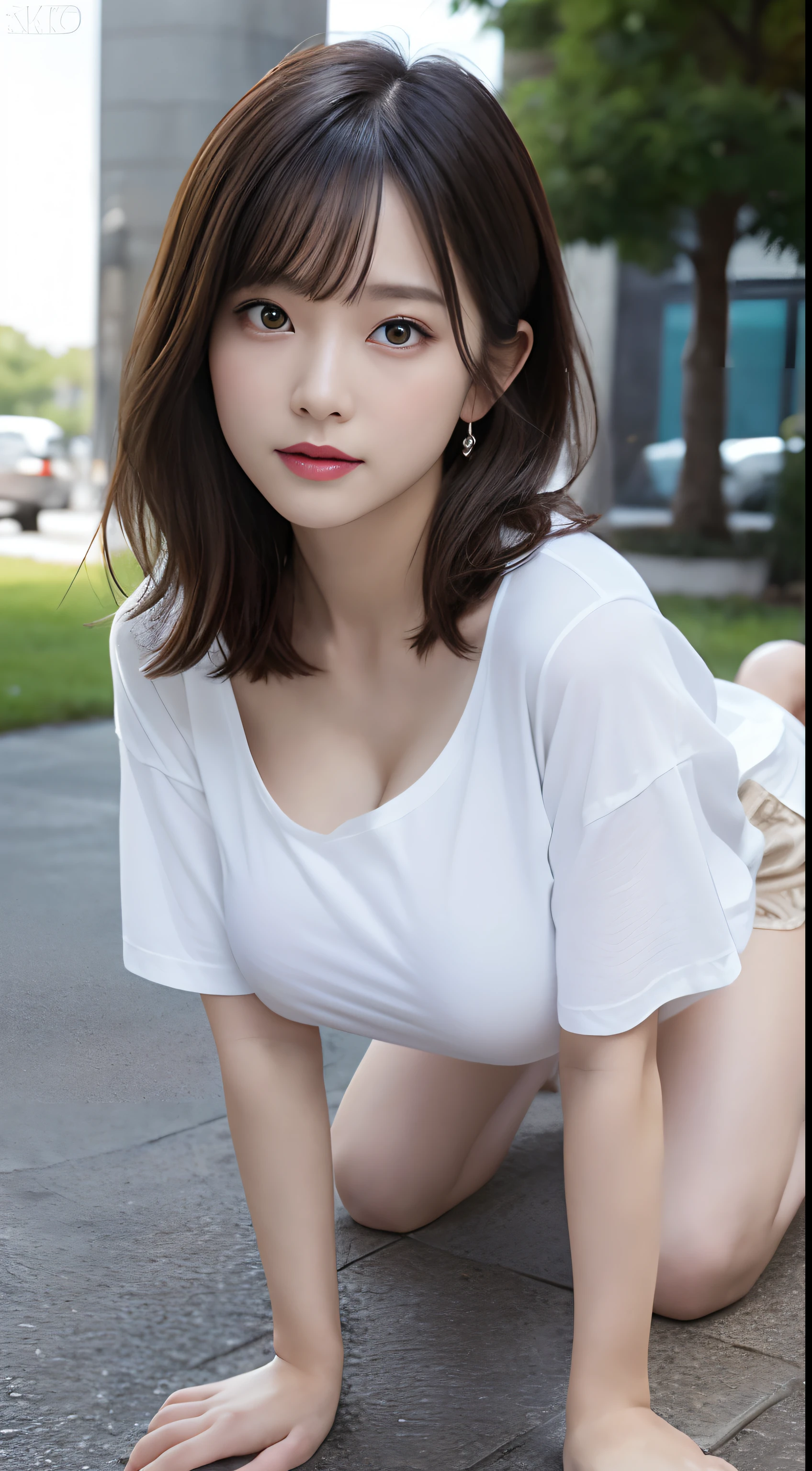 Innocent 20 year old girl、((Oversized white T-shirt,Dramatic poses)),Smile,short-cut,Park background、Raw photo, (8K、top-quality、​masterpiece:1.2)、(intricate detailes:1.4)、(Photorealsitic:1.4)、octane renderings、Complex 3D rendering ultra detail, Studio Soft Light, large full breasts、skirt by the、Rim Lights, vibrant detail, super detailing, realistic skin textures, Detail Face, Beautiful detail eyes, Very detailed CG Unity 16k wallpaper, make - up, (detailedbackground:1.2), shinny skin, Full body、From head to thigh、cleavage of the breast,((getting on all fours、stick out buttocks、Put your hands on the ground))、Visible、The chest looks bigger、