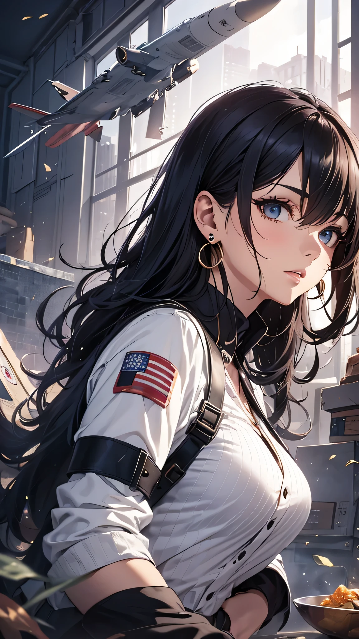 最high quality、best image quality、masterpiece、teenage girl((18-year-old、 By becoming、vest bust、medium bust,wide open breast tea、black eye, black hair、long hair、thin,highest valley、Perforated gloves、blue earrings、bandana、black stretch work clothes、have work tools、the whole body gets dirty)),high quality、beautiful art、background((fighter jet、hangar)),debris flies、Depth of written boundary、movie、visual art、perfect art、8K,genuine