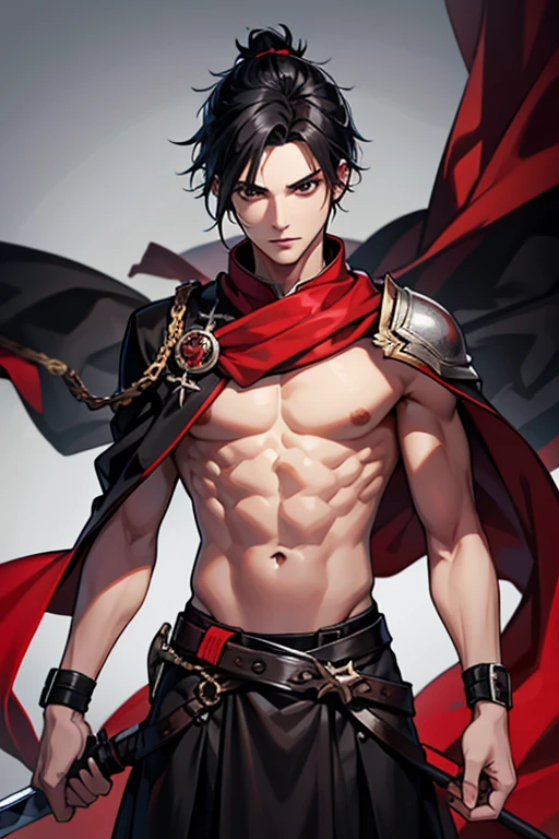 male with black hair black eyes slim body with black sword with red desing with moden cloth in close