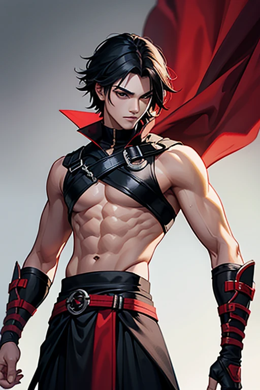 male with black hair black eyes slim body with black sword with red desing with moden cloth in close