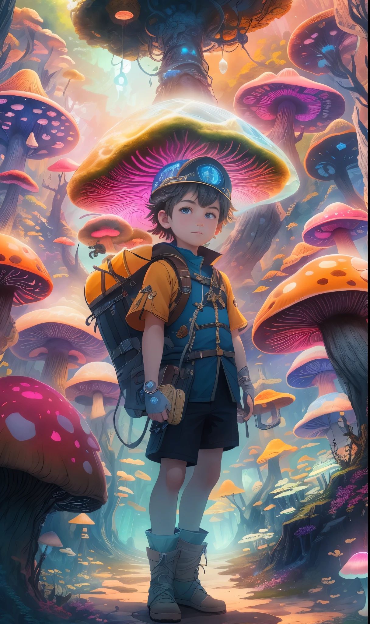 Super detailed，4K，8K，high resolution，masterpiece。a boy，in underground wonders，Discover glowing mushrooms and stalactite crystals，Fantasy colors all around，He is in a mysterious and adventurous mood，Explore this dreamy place，Feel the wonder of the underground world。