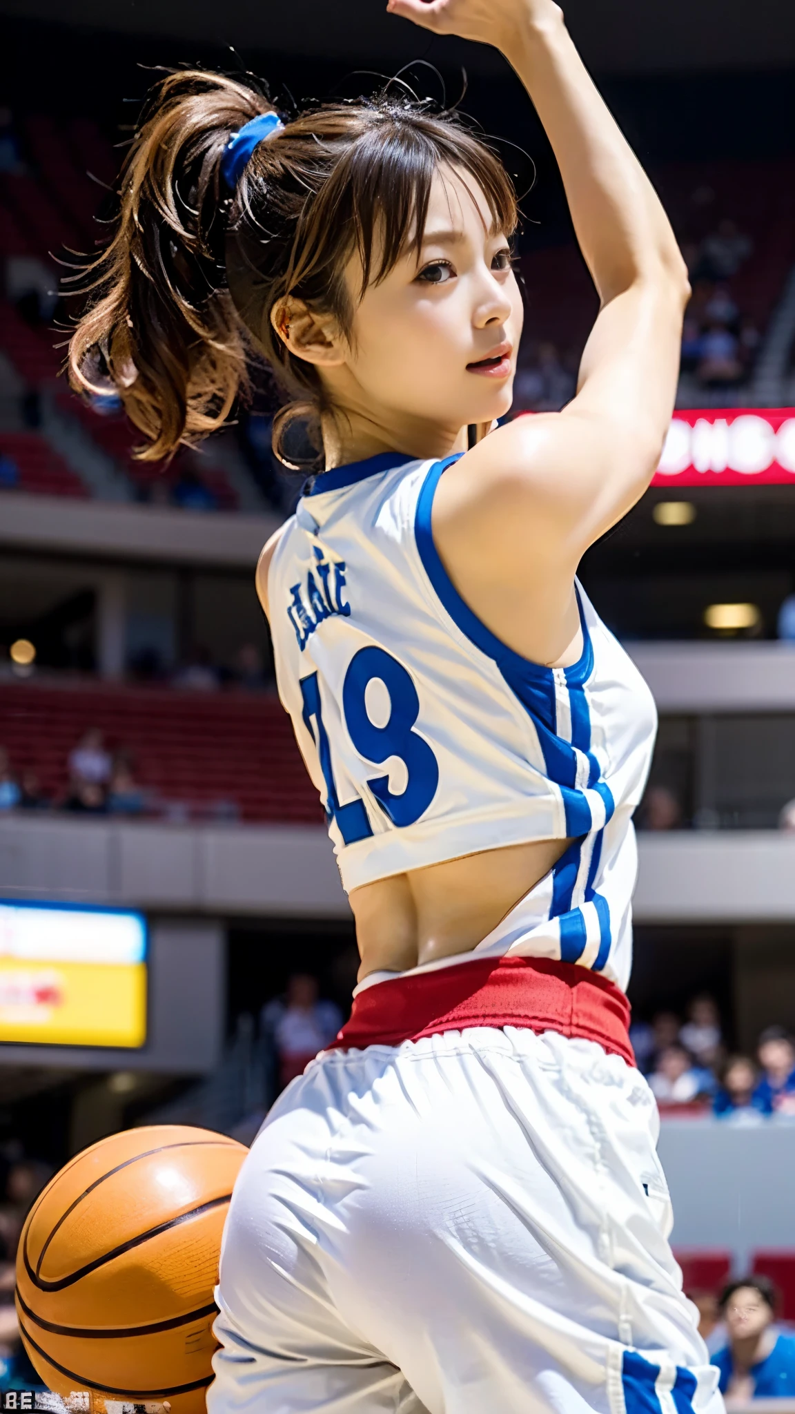 (((perfect anatomy))),(((A beautiful basketball player with outstanding style is running seriously with furrowed eyebrows on the court of a large basketball arena filled with spectators.))),A full-body photo of the moment he hit a three-point shot wearing a running shirt with a big number on his back and basketball shoes.,A photo of a beautiful basketball player wearing a uniform that stands out in red against white, looking straight ahead and shooting.,(((Ulsan-6500))),(((Beautiful background bokeh with deep depth of field created by Hasselblad))),sexy waist,masterpiece,highest quality,ultra high resolution,high detailed portrait,tall nose and beautiful face,limbs like a model,The fair-skinned nape of the neck is dazzling,(((Her slim waist and stunning hips are a beauty that captivates everyone who sees her.))),Pull your chin back, keep a low stance, and run with brilliant steps.,((A dynamic photo taken from behind)),cute 20 year old, Her long, beautiful, lustrous chestnut hair is tied up in a bun, and the nape of her neck is cute.,(Her proud F cup breasts shine),long eyelashes and large eyes,,Clear double eyelids,((Glossy thick lips)),perfect anatomy,