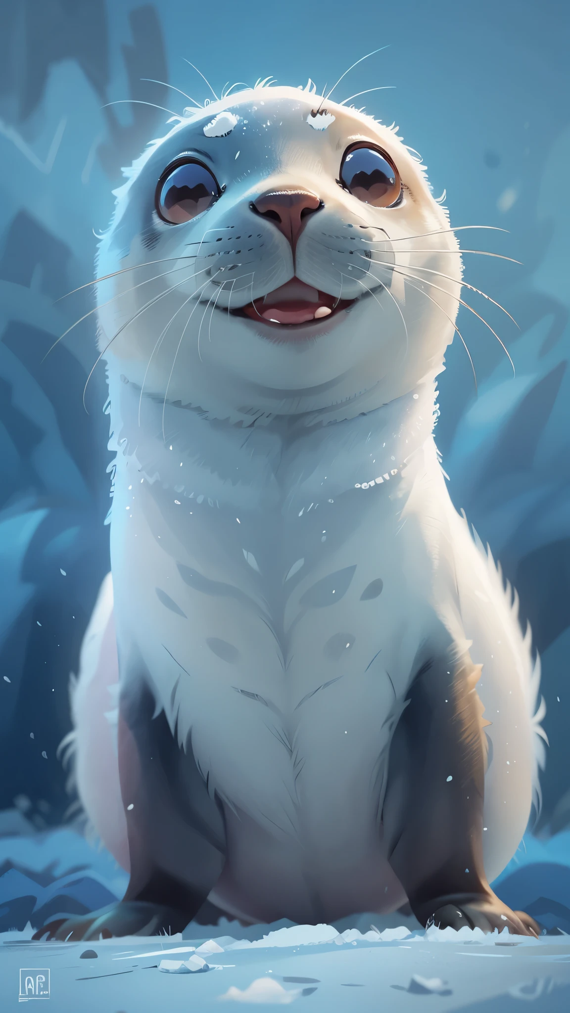 1 cute seal，front view，close up, Pixar style, best quality, stills, very cute, big eyes,  ，open mouth，Very happy，，Antarctica，high detail，Super details，high quality, masterpiece, precise, 