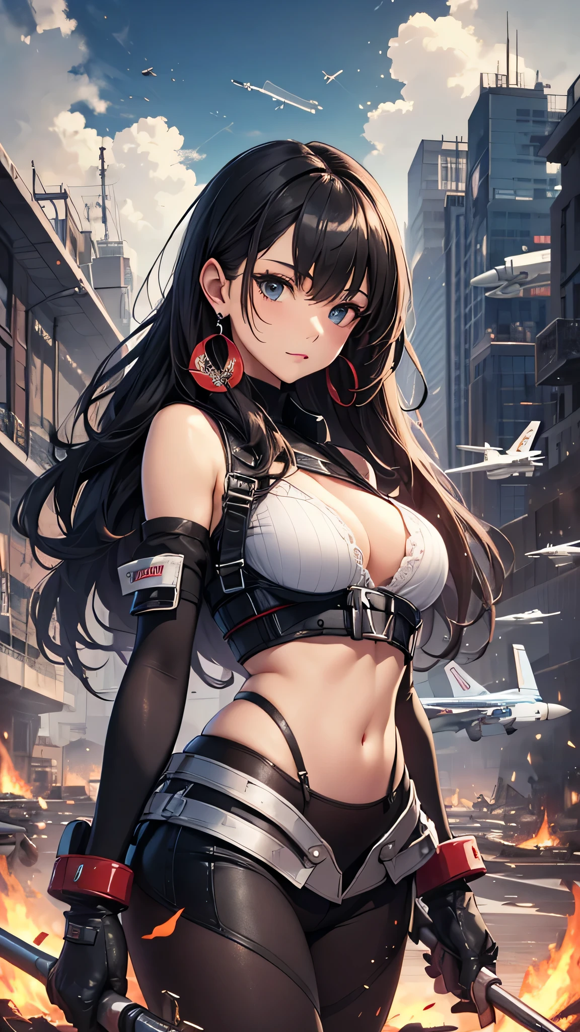 最high quality、best image quality、masterpiece、age girl((18-year-old、 By becoming、vest bust、medium bust,wide open breast tea、black eye, black hair、long hair、thin,highest valley、Perforated gloves、blue earrings、bandana、black stretch work clothes、have work tools、the whole body gets dirty)),high quality、beautiful art、background((fighter jet、hangar)),debris flies、Depth of written boundary、movie、visual art、perfect art、8K,genuine