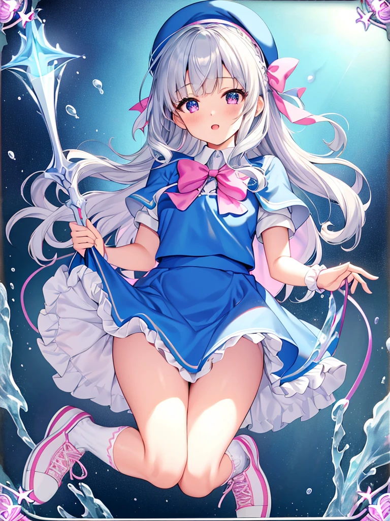 photo realistic, (masterpiece,best quality:1.4),(8k,raw photo,photo realistic:1.2),Not Safe for Work, detailed skin,detailed face,1girl,princess, cute face, super resolution,retro realistic details Illustration,,{{{elaborate,intricately,fantastic,delicately,tremendous,meticulous,minute,incredibly,obsessed,artisan's,subtle,virtuoso,skillful,vibrant, vivid, complex}}}, clearly focus edge, fresh natural gradation, best quality, amazing quality, very aesthetic, absurdres,
pubisure,
(((Blue school uniform))), mini frilled skirt, (frilled panties), happy, (White beret,Comes with a blue bow), (((The sacred weapon of thelong-handled spear of magical splashing))), (((jumping,skirt-lift))), medium bob, ((silver hair)), ((wavy hair)), shimmering eyes, Pink eyes, , 12 yo,(((cape))),((Blue the Bow)), Puffy Sleeves, Bangss, shortsleeves, ((Blue bow ribbon)),(White frilled apron), flat chest, beautiful hands, neck ribbon, wristband, arm garter, baby face, twinkle in the eye, braided bangs, ((frilled ankle socks)), (((Holding a magic spear))), (((high tops))), mary janes, Heart necklace, ring, masterpiece, top-quality, not safe for work,
yumekawa,yumekawaii,pastel color,(wonderland:1.3),imagination, ((splashing)), ((ripples)), splashing water, heart background, (water-color),((Multicolored lights)), (((trading card))),