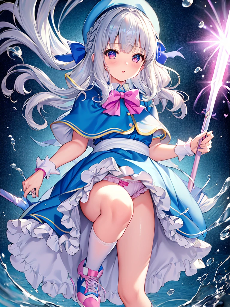 photo realistic, (masterpiece,best quality:1.4),(8k,raw photo,photo realistic:1.2),Not Safe for Work, detailed skin,detailed face,1girl,princess, cute face, super resolution,retro realistic details Illustration,,{{{elaborate,intricately,fantastic,delicately,tremendous,meticulous,minute,incredibly,obsessed,artisan's,subtle,virtuoso,skillful,vibrant, vivid, complex}}}, clearly focus edge, fresh natural gradation, best quality, amazing quality, very aesthetic, absurdres,
pubisure,
(((Blue school uniform))), mini frilled skirt, (frilled panties), happy, (White beret,Comes with a blue bow), (((The sacred weapon of thelong-handled spear of magical splashing))), (((jumping,skirt-lift))), medium bob, ((silver hair)), ((wavy hair)), shimmering eyes, Pink eyes, , 12 yo,(((cape))),((Blue the Bow)), Puffy Sleeves, Bangss, shortsleeves, ((Blue bow ribbon)),(White frilled apron), flat chest, beautiful hands, neck ribbon, wristband, arm garter, baby face, twinkle in the eye, braided bangs, ((frilled ankle socks)), (((Holding a magic spear))), (((high tops))), mary janes, Heart necklace, ring, masterpiece, top-quality, not safe for work,
yumekawa,yumekawaii,pastel color,(wonderland:1.3),imagination, ((splashing)), ((ripples)), splashing water, heart background, (water-color),((Multicolored lights)), (((trading card))),