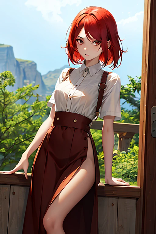 best quality, masterpiece, (actual: 1.2), 1 girl, slim girl, Red hair, brown eyes, front, Detailed face, beautiful eyes, brown eyes, big eyes, small breasts, split, long skirt