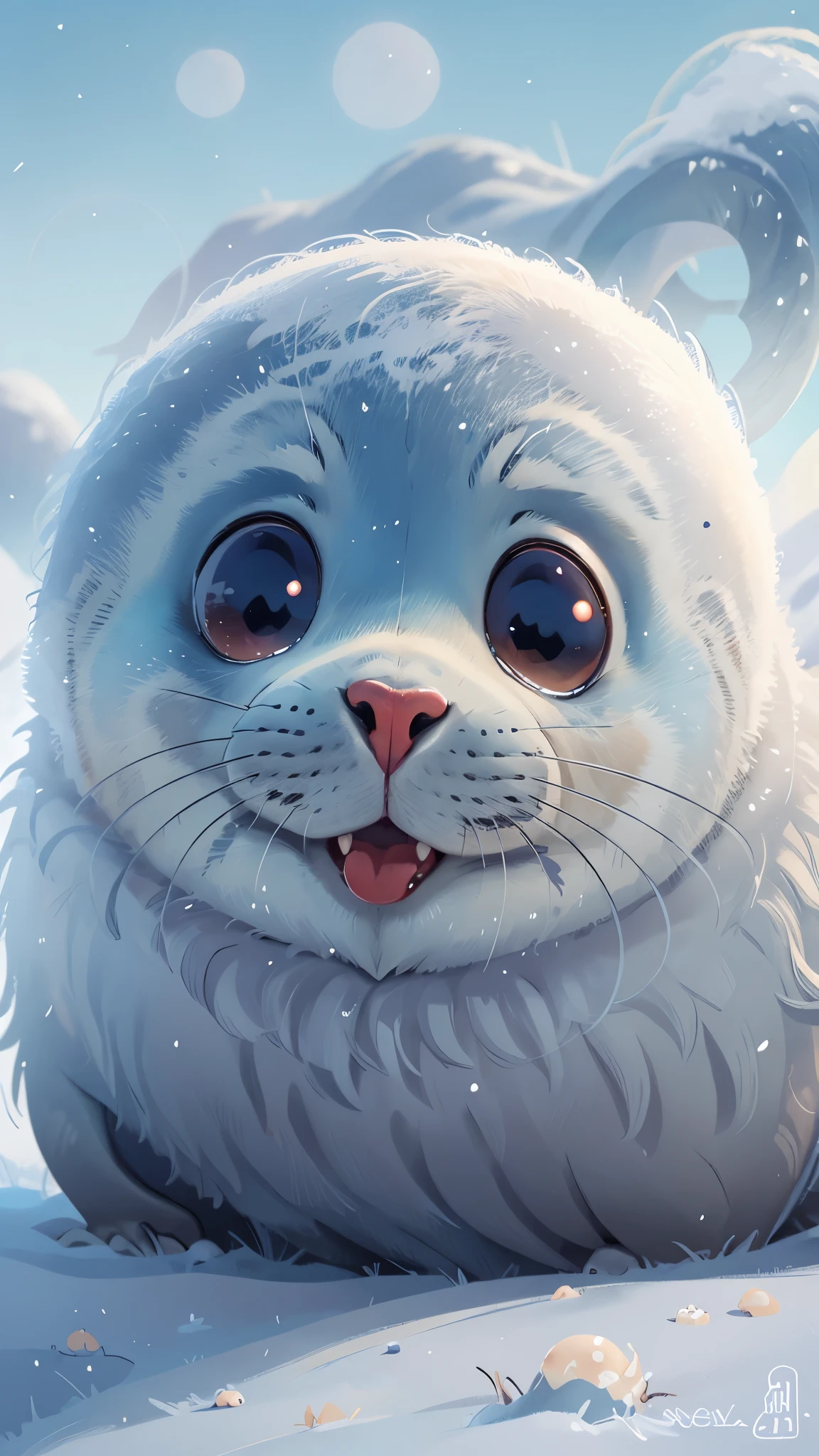1 cute seal,front view,close up, Pixar style, best quality, stills, very cute, big eyes, ,open mouth,Very happy,,Antarctica,high detail,Super details,high quality, masterpiece, precise,