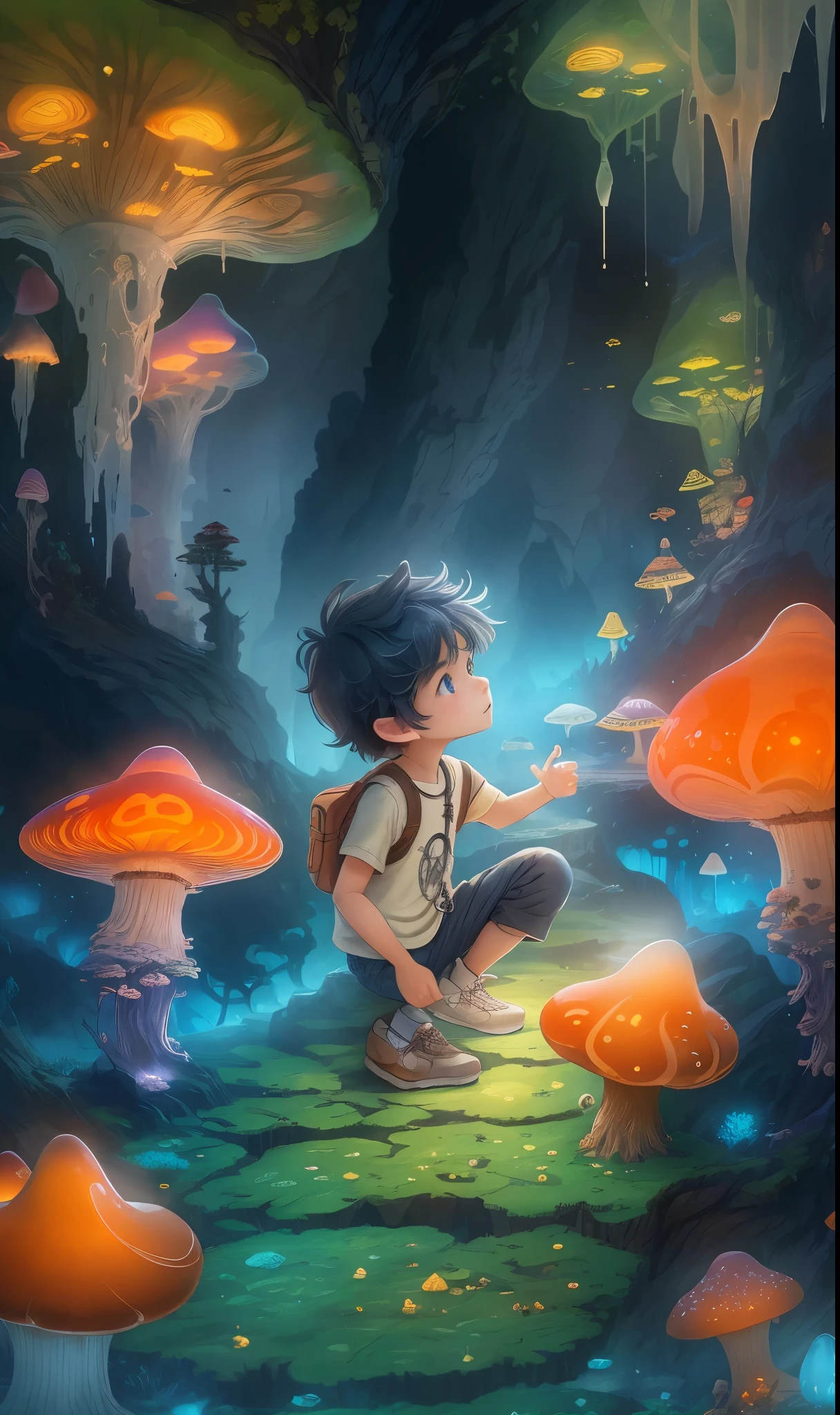 a boy，in underground wonders，Discover glowing mushrooms and stalactite crystals，Fantasy colors all around，He is in a mysterious and adventurous mood，Explore this dreamy place，Feel the wonder of the underground world。