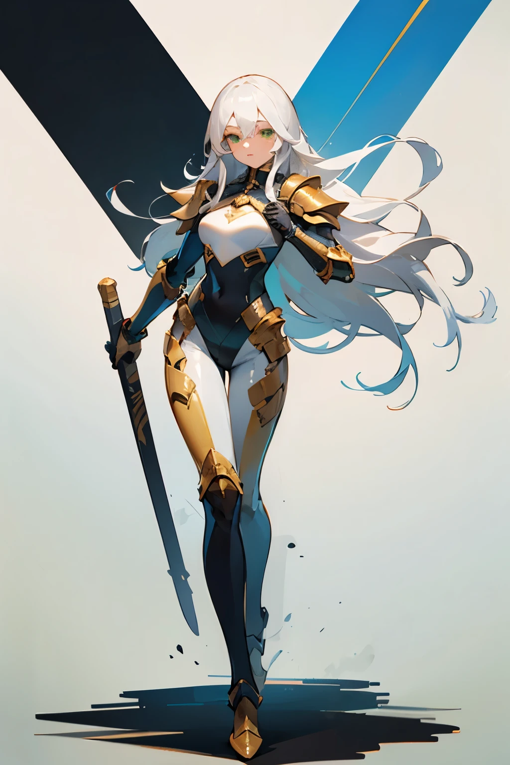 ((best quality)), ((masterpiece)), (detailed), perfect face, girl with long white hairs, tight latex costume and parts of armor, green eyes, full body