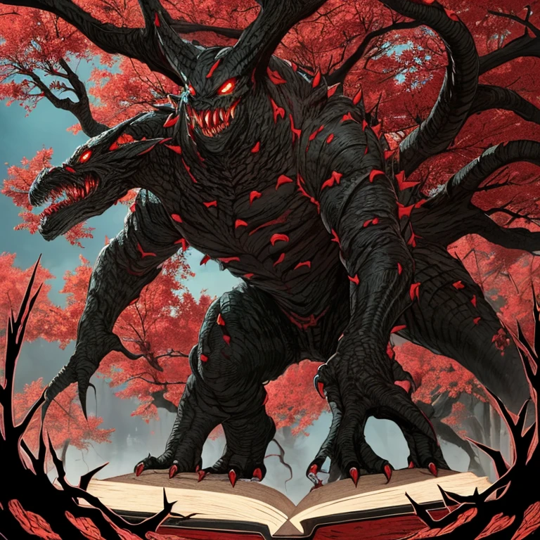 monster,tentacle,scale,bat wings,Bulk,monster,evil God,eyeball,magic book,cane,red eyes,tree bark,Blood vessel,quadrupedal walking,to be born々new,evil,core,Lots of mouths,teeth,sharp nails, negative aura,spines,Tree roots,wood monster,big tree,