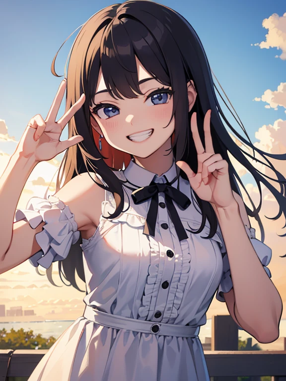 Anime style Japanese girl taking a selfie in front of Tokyo Tower。She is smiling and making a peace sign。The girl has long black hair、Wearing a floral dress。In the background there is a blue sky and modern city buildings、Tokyo Tower is clearly visible。
