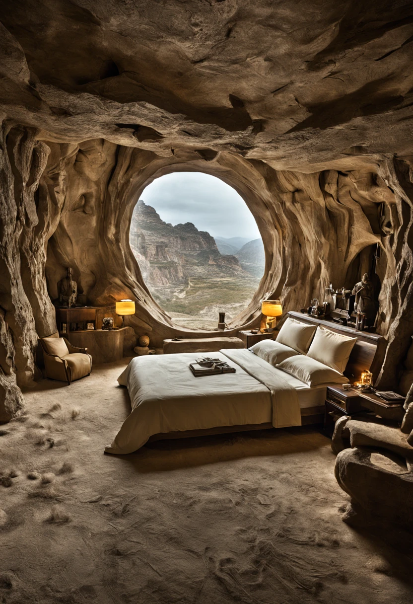 地下cave樓梯.There is a bed，Located in a room with waterfall, fantasy setting, Luxurious environment, 地下cave环境, In a futuristic desert palace, 美丽的奇幻cave场景, futuristic setting, A cozy bathroom hidden in a cave, Surreal sci-fi set design, Inside a cave, Beautiful aesthetic design, star wars setting, cave, Inside a cave, cave镇, cave环境照明