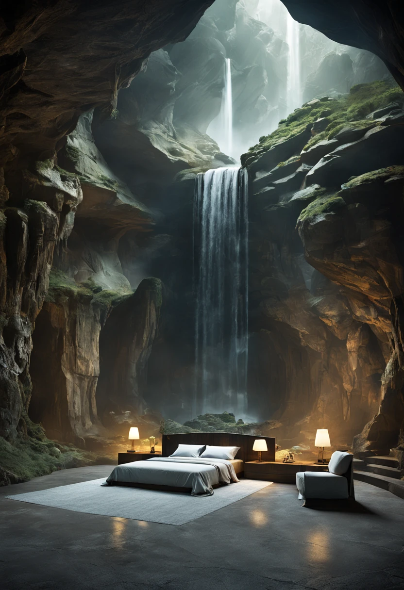 地下cave樓梯.There is a bed,Located in a room with waterfall, fantasy setting, Luxurious environment, 地下cave环境, In a futuristic desert palace, 美丽的奇幻cave场景, futuristic setting, A cozy bathroom hidden in a cave, Surreal sci-fi set design, Inside a cave, Beautiful aesthetic design, star wars setting, cave, Inside a cave, cave镇, cave环境照明