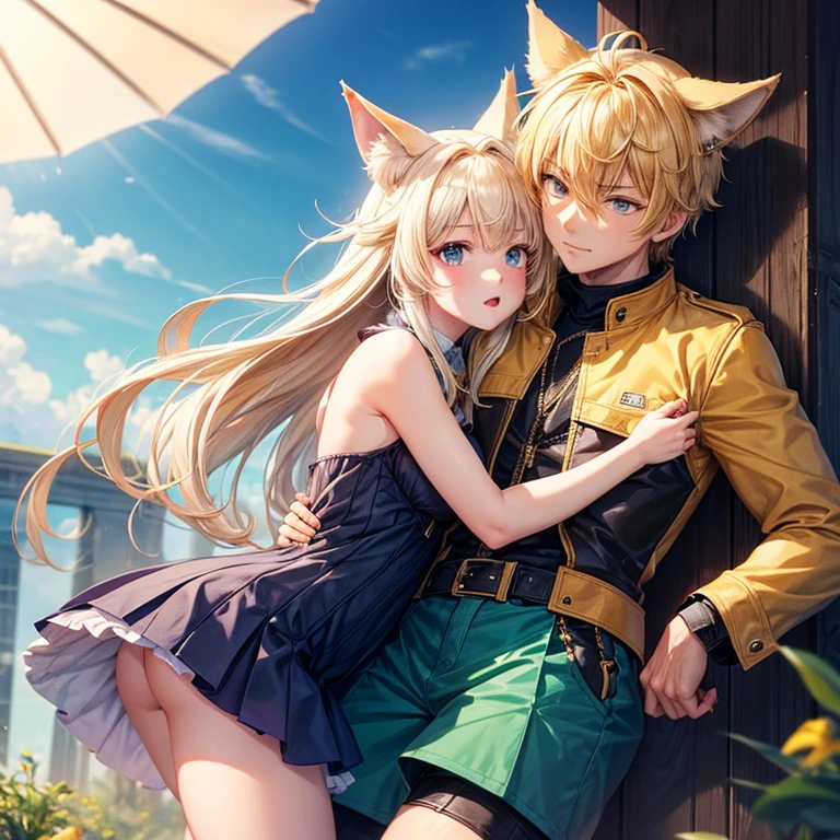 (A male with blond hair and light yellow wolf ears, one yellow and eye one red, tall, likes the color green, Alpha) , (the second male, has black hair with blue wolf ears, short, likes the color blue, Bata) (males only) 