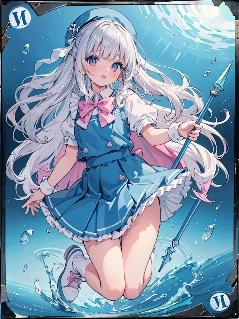 photo realistic, (masterpiece,best quality:1.4),(8k,raw photo,photo realistic:1.2),Not Safe for Work, detailed skin,detailed face,1girl,princess, cute face, super resolution,retro realistic details Illustration,,{{{elaborate,intricately,fantastic,delicately,tremendous,meticulous,minute,incredibly,obsessed,artisan's,subtle,virtuoso,skillful,vibrant, vivid, complex}}}, clearly focus edge, fresh natural gradation, best quality, amazing quality, very aesthetic, absurdres,
pubisure,
(((Blue school uniform))), mini frilled skirt, (frilled panties), happy, (White beret,Comes with a blue bow), (((The sacred weapon of thelong-handled spear of magical splashing))), (((jumping,skirt-lift))), medium bob, ((silver hair)), ((wavy hair)), shimmering eyes, Pink eyes, , 12 yo,(((cape))),((Blue the Bow)), Puffy Sleeves, Bangss, shortsleeves, ((Blue bow ribbon)),(White frilled apron), flat chest, beautiful hands, neck ribbon, wristband, arm garter, baby face, twinkle in the eye, braided bangs, ((frilled ankle socks)), (((Holding a magic spear))), (((high tops))), mary janes, Heart necklace, ring, masterpiece, top-quality, not safe for work,
yumekawa,yumekawaii,pastel color,(wonderland:1.3),imagination, ((splashing)), ((ripples)), splashing water, heart background, (water-color),((Multicolored lights)), (((trading card))),