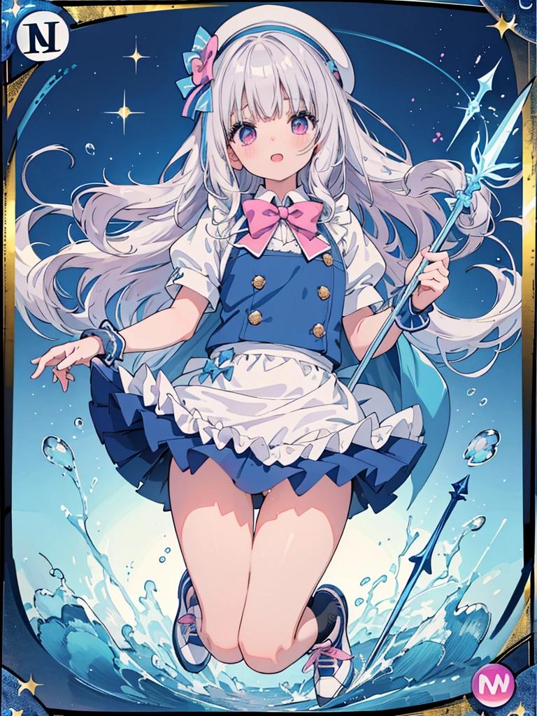 photo realistic, (masterpiece,best quality:1.4),(8k,raw photo,photo realistic:1.2),Not Safe for Work, detailed skin,detailed face,1girl,princess, cute face, super resolution,retro realistic details Illustration,,{{{elaborate,intricately,fantastic,delicately,tremendous,meticulous,minute,incredibly,obsessed,artisan's,subtle,virtuoso,skillful,vibrant, vivid, complex}}}, clearly focus edge, fresh natural gradation, best quality, amazing quality, very aesthetic, absurdres,
pubisure,
(((Blue school uniform))), mini frilled skirt, (frilled panties), happy, (White beret,Comes with a blue bow), (((The sacred weapon of thelong-handled spear of magical splashing))), (((jumping,skirt-lift))), medium bob, ((silver hair)), ((wavy hair)), shimmering eyes, Pink eyes, , 12 yo,(((cape))),((Blue the Bow)), Puffy Sleeves, Bangss, shortsleeves, ((Blue bow ribbon)),(White frilled apron), flat chest, beautiful hands, neck ribbon, wristband, arm garter, baby face, twinkle in the eye, braided bangs, ((frilled ankle socks)), (((Holding a magic spear))), (((high tops))), mary janes, Heart necklace, ring, masterpiece, top-quality, not safe for work,
yumekawa,yumekawaii,pastel color,(wonderland:1.3),imagination, ((splashing)), ((ripples)), splashing water, heart background, (water-color),((Multicolored lights)), (((trading card))),