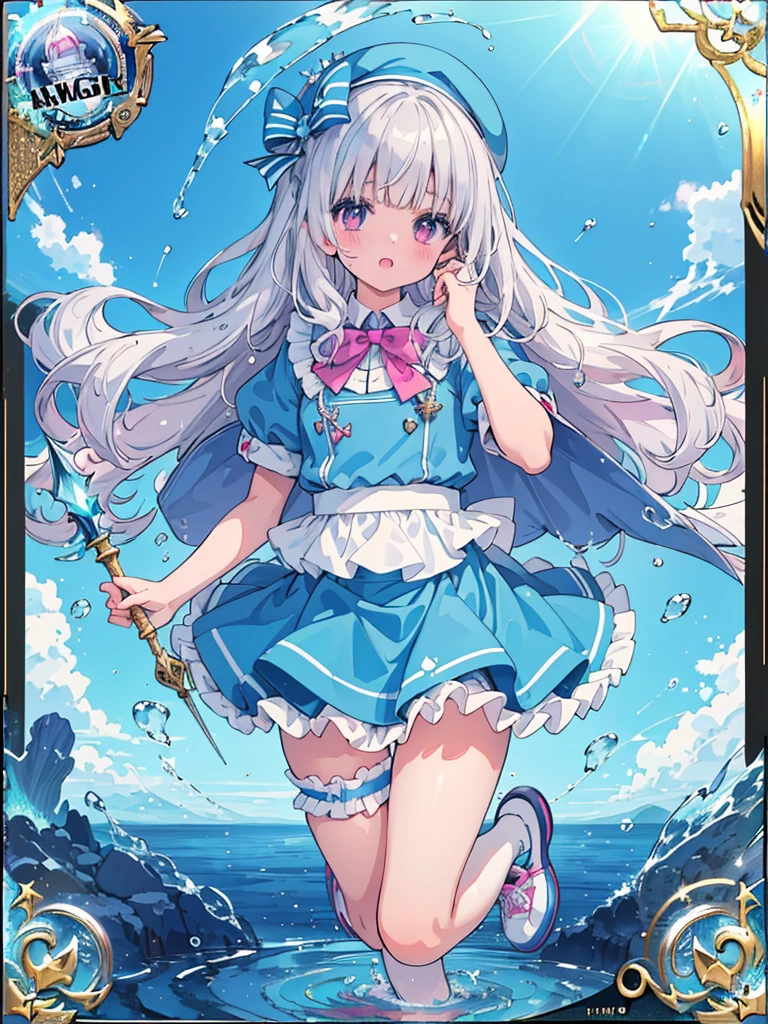 photo realistic, (masterpiece,best quality:1.4),(8k,raw photo,photo realistic:1.2),Not Safe for Work, detailed skin,detailed face,1girl,princess, cute face, super resolution,retro realistic details Illustration,,{{{elaborate,intricately,fantastic,delicately,tremendous,meticulous,minute,incredibly,obsessed,artisan's,subtle,virtuoso,skillful,vibrant, vivid, complex}}}, clearly focus edge, fresh natural gradation, best quality, amazing quality, very aesthetic, absurdres,
pubisure,
(((Blue school uniform))), mini frilled skirt, (frilled panties), happy, (White beret,Comes with a blue bow), (((The sacred weapon of thelong-handled spear of magical splashing))), (((jumping,skirt-lift))), medium bob, ((silver hair)), ((wavy hair)), shimmering eyes, Pink eyes, , 12 yo,(((cape))),((Blue the Bow)), Puffy Sleeves, Bangss, shortsleeves, ((Blue bow ribbon)),(White frilled apron), flat chest, beautiful hands, neck ribbon, wristband, arm garter, baby face, twinkle in the eye, braided bangs, ((frilled ankle socks)), (((Holding a magic spear))), (((high tops))), mary janes, Heart necklace, ring, masterpiece, top-quality, not safe for work,
yumekawa,yumekawaii,pastel color,(wonderland:1.3),imagination, ((splashing)), ((ripples)), splashing water, heart background, (water-color),((Multicolored lights)), (((trading card))),