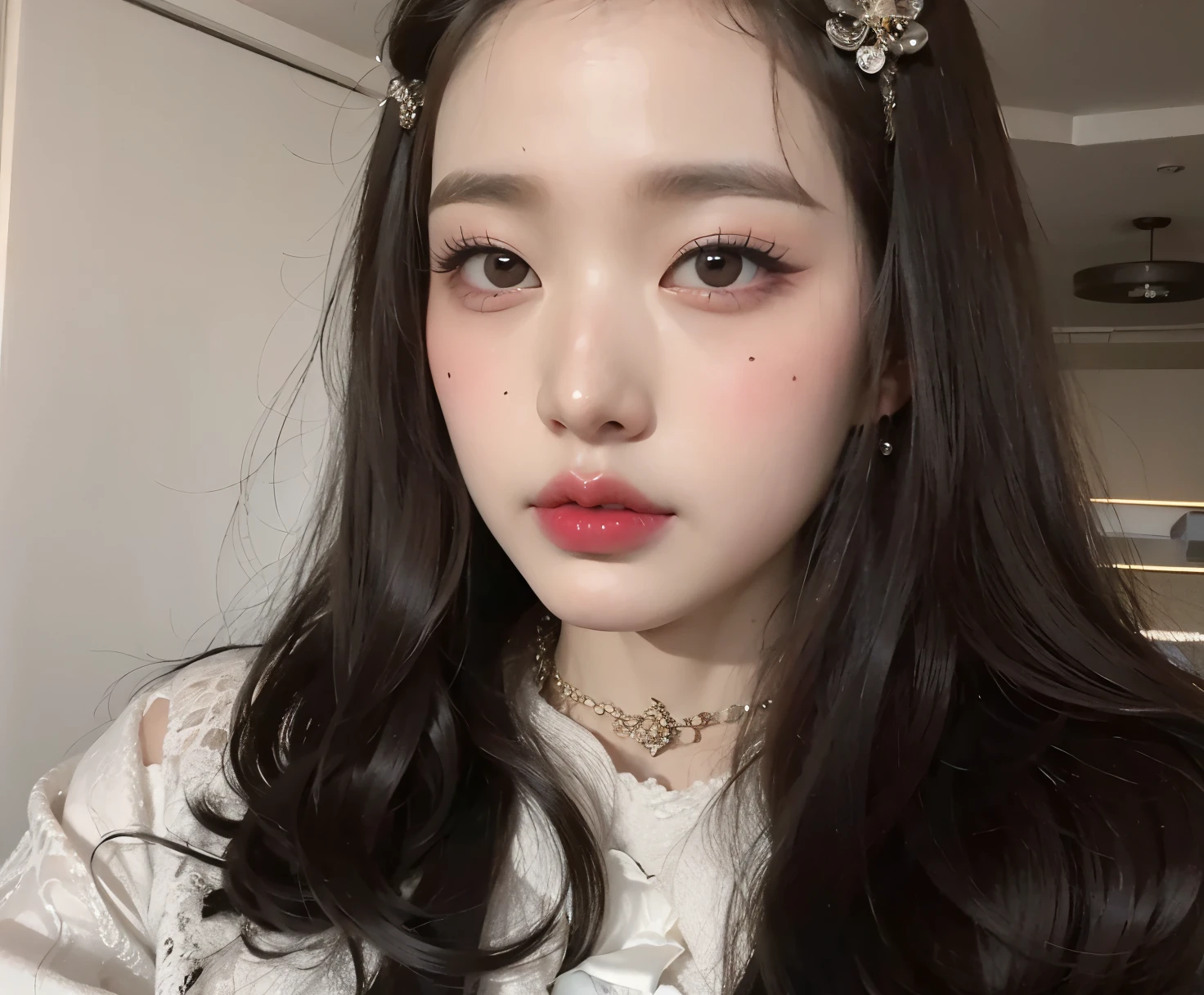 There's a woman with long hair wearing a tie and a necklace, cute aesthetic with vibrancy, Ulzzang, sakimichan, 18 anos de idade, cruel korean goth girl, asian face, com cabelos longos e olhos penetrantes, beautiful aesthetic face, garota cara fofa, Xisionwu, dilraba dilmurat,  coreana
