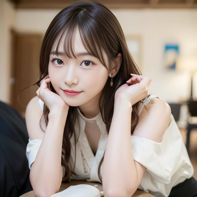 NFSW,In 8K,highest quality:1.4, Super high resolution:1.5, (realistic:1.4),masterpiece:1.2,(highest quality:1.4)、 RAW photo、 (background is blurry), 1 japanese girl, cute, (alone:1.4), (shy smile), smooth skin、 (brown medium hair,bangs),Nogizaka,supple fingertips,beautiful black eyes、dual、natural skin texture:1.3, Realistic eye and face details:1.7、medium breasts、daytime、tight buttocks:1.5、look at the viewer,The photographer is3mput off,(fine hair:1.1), (fine eyes:1.1)、cute、date clothes、cute clothes,open shoulder、Sitting on a chair with legs crossed