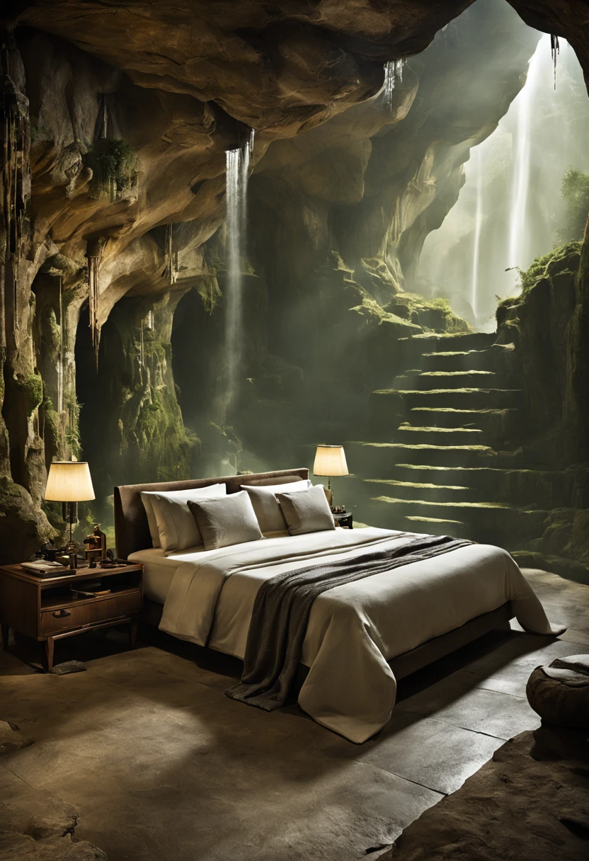 地下cave樓梯.There is a bed,Located in a room with waterfall, fantasy setting, Luxurious environment, 地下cave环境, In a futuristic desert palace, 美丽的奇幻cave场景, futuristic setting, A cozy bathroom hidden in a cave, Surreal sci-fi set design, Inside a cave, Beautiful aesthetic design, star wars setting, cave, Inside a cave, cave镇, cave环境照明