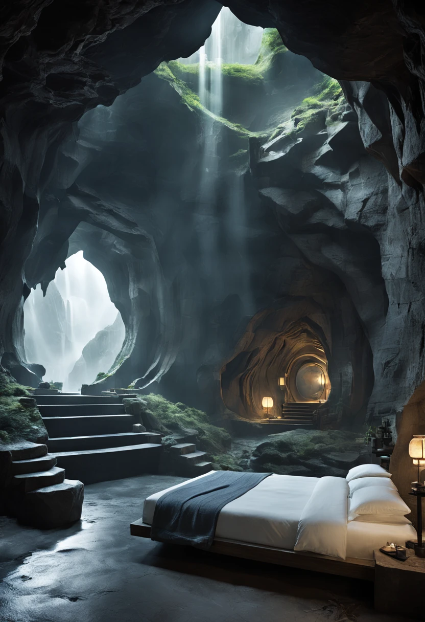 地下cave樓梯.There is a bed,Located in a room with waterfall, fantasy setting, Luxurious environment, 地下cave环境, In a futuristic desert palace, 美丽的奇幻cave场景, futuristic setting, A cozy bathroom hidden in a cave, Surreal sci-fi set design, Inside a cave, Beautiful aesthetic design, star wars setting, cave, Inside a cave, cave镇, cave环境照明
