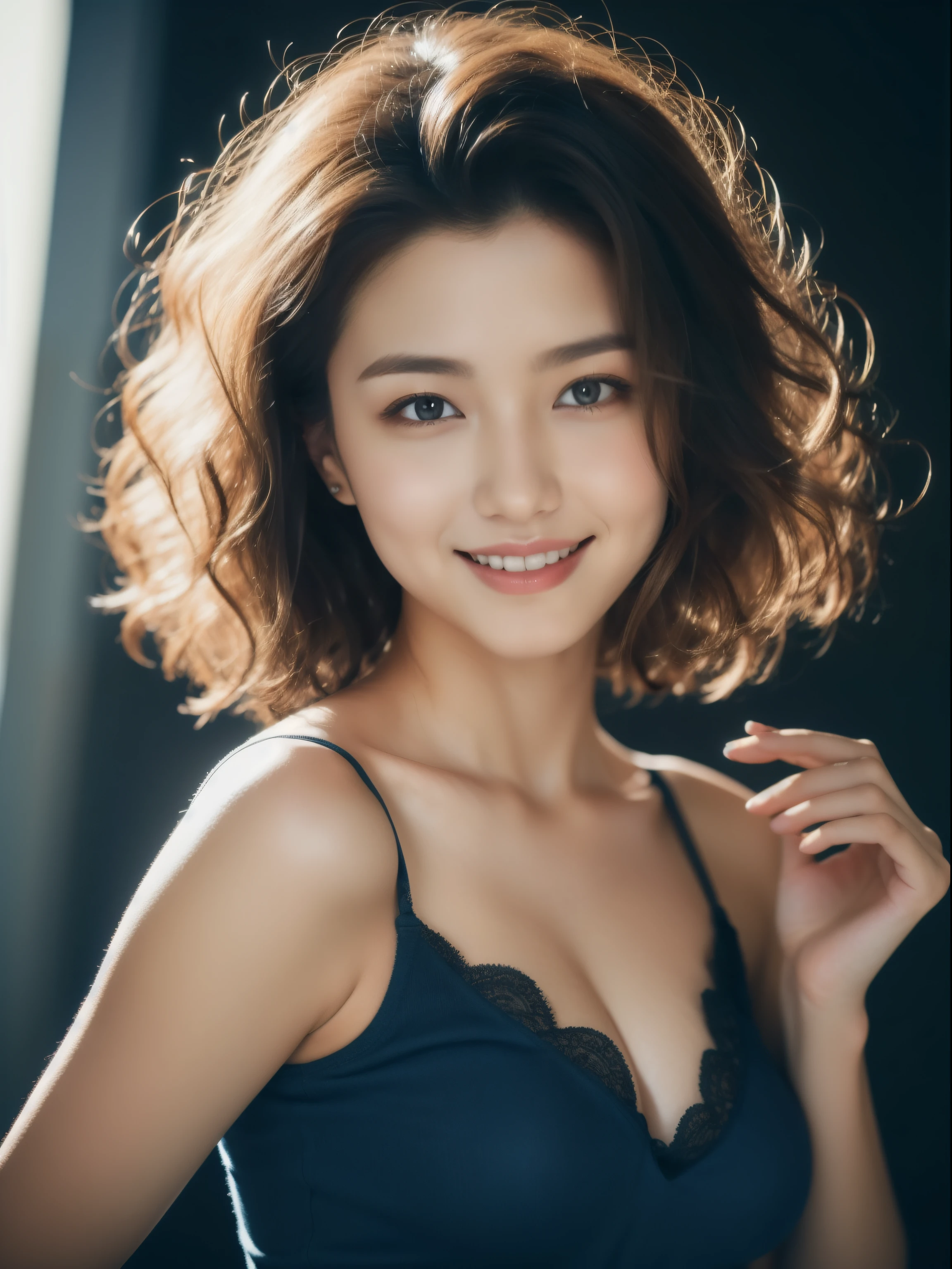 beautiful 25 year old woman。She is wearing a tight camisole of light blue-gray satin fabric。Black lace on chest and hem.。cute smile。her dark brown hair、、her hair is long and curly。she has one hand on her chest.　High resolution、masterpiece、highest quality、Head w:1.4、((Hasselblad Photos))、fine skin、fine knit、(movie lighting)、clavicle