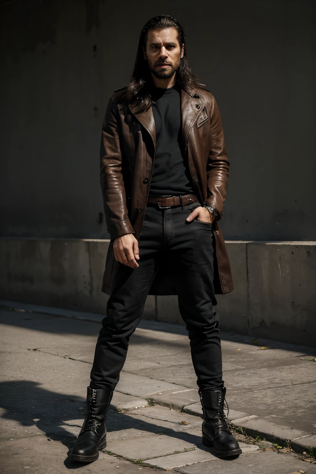 30 years old man, misanthrope, serio, analytical look, alto, fuerte, rudo, con ropa negra, chamarra de cuero, botas industriales, piel aperlada, inteligente y bipolar.