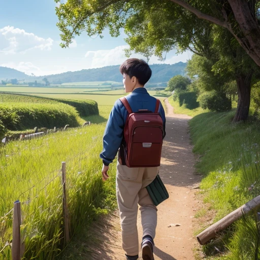  High resolution, Super detailed, masterpiece, highest quality,oriental、Thrift、boy working in the field、grassland、back basket、Front-facing、game poster、