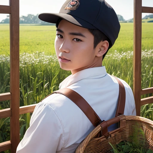 High resolution, Super detailed, masterpiece, highest quality,oriental、Thrift、boy working in the field、grassland、back basket、Front-facing、game poster、