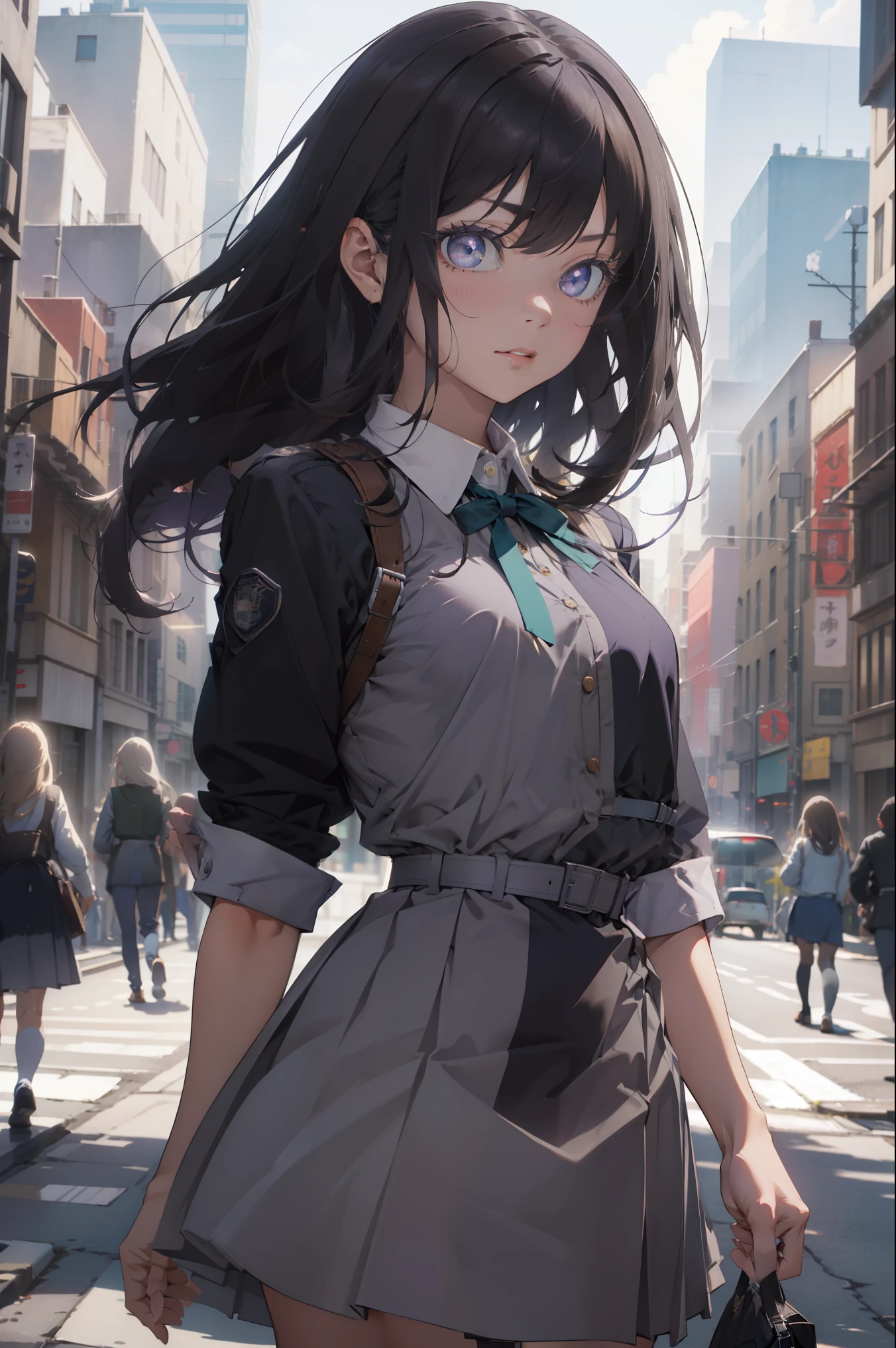 takinainoue, inoue takina, long hair, bangs, black hair, (purple eyes:1.2), BREAK shirt, long sleeves, dress, ribbon, school uniform, white shirt, collared shirt, belt, neck ribbon, blue dress, green ribbon, pleated dress, grey dress, two-tone dress, blue belt, lycoris uniform, BREAK outdoors, city, BREAK (masterpiece:1.2), best quality, high resolution, unity 8k wallpaper, (illustration:0.8), (beautiful detailed eyes:1.6), extremely detailed face, perfect lighting, extremely detailed CG, (perfect hands, perfect anatomy),