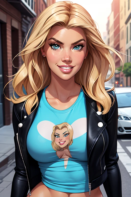 (cartoon style:1.2), Drawings of ([Jessica Simpson, Kate Upton, Kim Kardashian]), wearing a light blue t-shirt, black leather jacket and , smile, perfect eyes, detailed face, street on background, fun posing, flirty look,