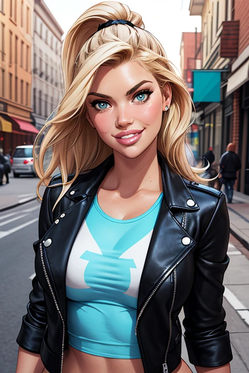 (cartoon style:1.2), Drawings of ([Jessica Simpson, Kate Upton, Kim Kardashian]), wearing a light blue t-shirt, black leather jacket and , smile, perfect eyes, detailed face, street on background, fun posing, flirty look,