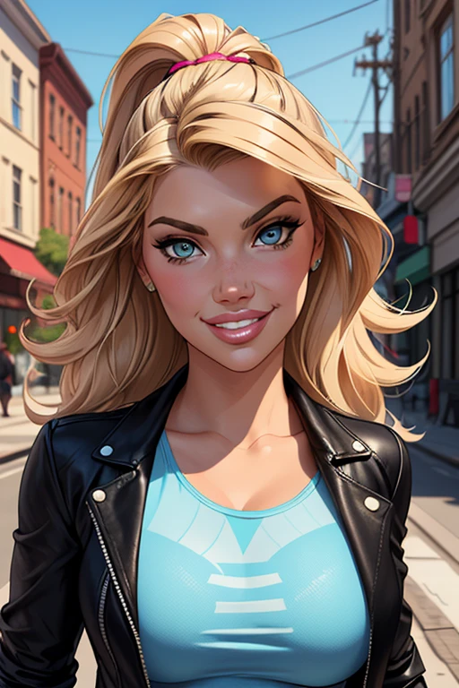 (cartoon style:1.2), Drawings of ([Jessica Simpson, Kate Upton, Kim Kardashian]), wearing a light blue t-shirt, black leather jacket and , smile, perfect eyes, detailed face, street on background, fun posing, flirty look,