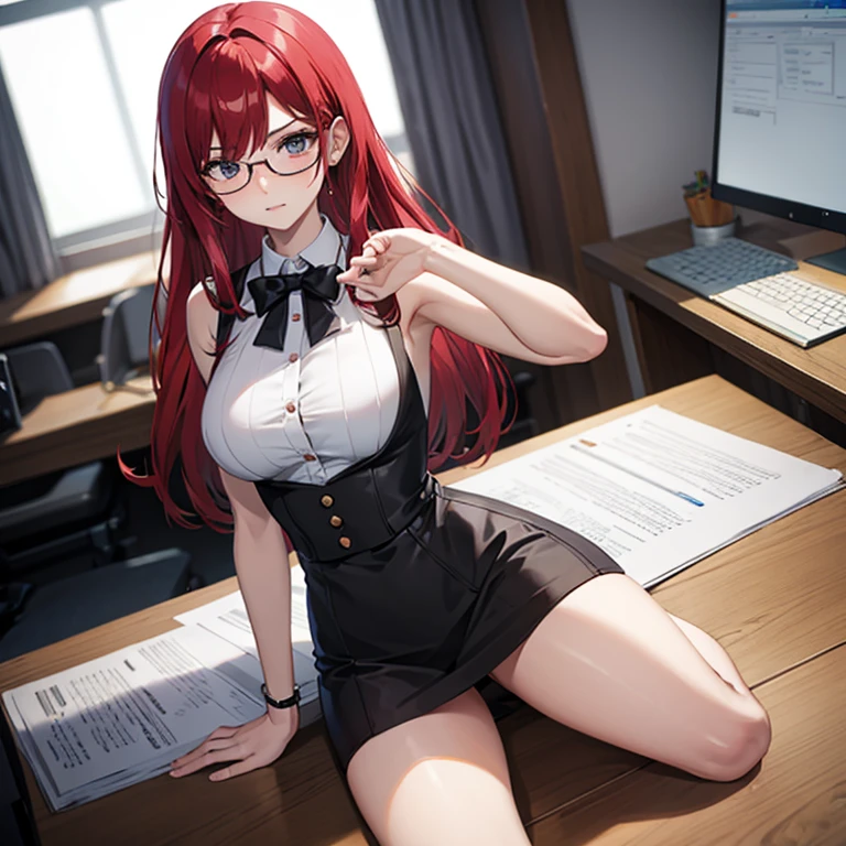 (woman), blush, Ahegao, white skin, smooth white thighs, Sheer blouse, tight mini skirt, red hair、wearing glasses, beautiful face, chest, sweating, sexy, highest quality,8K quality,stand pose, (background: In front of the desk in the office)、open legs