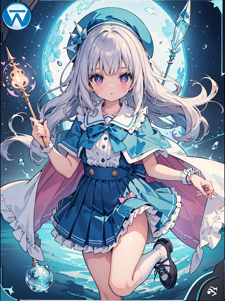 photo realistic, (masterpiece,best quality:1.4),(8k,raw photo,photo realistic:1.2),Not Safe for Work, detailed skin,detailed face,1girl,princess, cute face, super resolution,retro realistic details Illustration,,{{{elaborate,intricately,fantastic,delicately,tremendous,meticulous,minute,incredibly,obsessed,artisan's,subtle,virtuoso,skillful,vibrant, vivid, complex}}}, clearly focus edge, fresh natural gradation, best quality, amazing quality, very aesthetic, absurdres,
pubisure,
(((Blue school uniform))), mini frilled skirt, (frilled panties), happy, (White beret,Comes with a blue bow), (((The sacred weapon of thelong-handled spear of magical splashing))), (((jumping,skirt-lift))), medium bob, ((silver hair)), ((wavy hair)), shimmering eyes, Pink eyes, , 12 yo,(((cape))),((Blue the Bow)), Puffy Sleeves, Bangss, shortsleeves, ((Blue bow ribbon)),(White frilled apron), flat chest, beautiful hands, neck ribbon, wristband, arm garter, baby face, twinkle in the eye, braided bangs, ((frilled ankle socks)), (((Holding a magic spear))), (((high tops))), mary janes, Heart necklace, ring, masterpiece, top-quality, not safe for work,
yumekawa,yumekawaii,pastel color,(wonderland:1.3),imagination, ((splashing)), ((ripples)), splashing water, heart background, (water-color),((Multicolored lights)), (((trading card))),