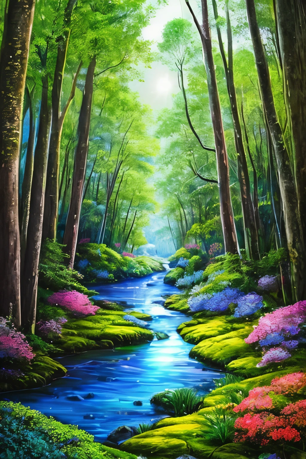 Illustration design for a banner or cover art, showcasing a mysterious and enchanting wonderland in a fantasy land setting. The scene unfolds in a dark forest, where the canopy is filled with tall, ancient trees adorned with vibrant, colorful flowers that seem to glow in the ethereal light. The forest floor is carpeted with lush grass, and various intriguing insects scuttle around, adding to the magical atmosphere.
A small, serene river runs through the heart of this beautiful land, reflecting the shimmering sky above. The sky is a canvas of dark hues, with stars twinkling like diamonds, and the moon casting long,