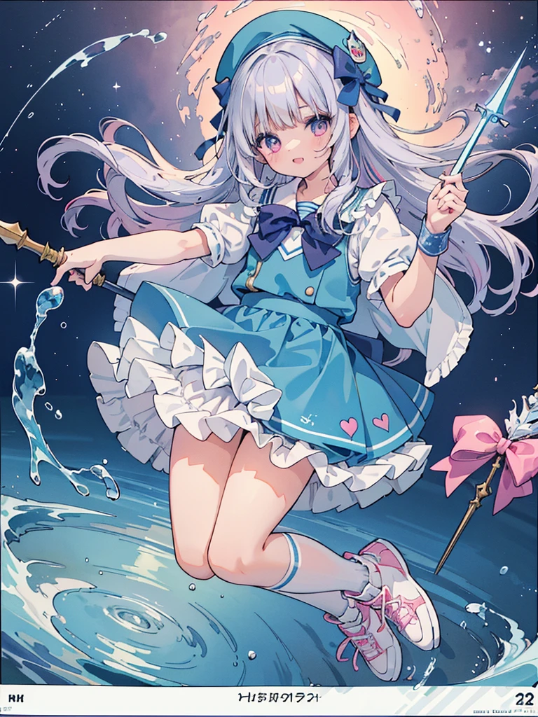 photo realistic, (masterpiece,best quality:1.4),(8k,raw photo,photo realistic:1.2),Not Safe for Work, detailed skin,detailed face,1girl,princess, cute face, super resolution,retro realistic details Illustration,,{{{elaborate,intricately,fantastic,delicately,tremendous,meticulous,minute,incredibly,obsessed,artisan's,subtle,virtuoso,skillful,vibrant, vivid, complex}}}, clearly focus edge, fresh natural gradation, best quality, amazing quality, very aesthetic, absurdres,
pubisure,
(((Blue school uniform))), mini frilled skirt, (frilled panties), happy, (White beret,Comes with a blue bow), (((The sacred weapon of thelong-handled spear of magical splashing))), (((jumping,skirt-lift))), medium bob, ((silver hair)), ((wavy hair)), shimmering eyes, Pink eyes, , 12 yo,(((cape))),((Blue the Bow)), Puffy Sleeves, Bangss, shortsleeves, ((Blue bow ribbon)),(White frilled apron), flat chest, beautiful hands, neck ribbon, wristband, arm garter, baby face, twinkle in the eye, braided bangs, ((frilled ankle socks)), (((Holding a magic spear))), (((high tops))), mary janes, Heart necklace, ring, masterpiece, top-quality, not safe for work,
yumekawa,yumekawaii,pastel color,(wonderland:1.3),imagination, ((splashing)), ((ripples)), splashing water, heart background, (water-color),((Multicolored lights)), (((trading card))),