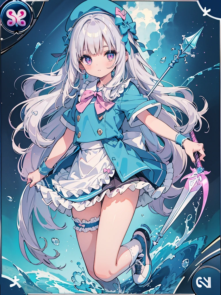 photo realistic, (masterpiece,best quality:1.4),(8k,raw photo,photo realistic:1.2),Not Safe for Work, detailed skin,detailed face,1girl,princess, cute face, super resolution,retro realistic details Illustration,,{{{elaborate,intricately,fantastic,delicately,tremendous,meticulous,minute,incredibly,obsessed,artisan's,subtle,virtuoso,skillful,vibrant, vivid, complex}}}, clearly focus edge, fresh natural gradation, best quality, amazing quality, very aesthetic, absurdres,
pubisure,
(((Blue school uniform))), mini frilled skirt, (frilled panties), happy, (White beret,Comes with a blue bow), (((The sacred weapon of thelong-handled spear of magical splashing))), (((jumping,skirt-lift))), medium bob, ((silver hair)), ((wavy hair)), shimmering eyes, Pink eyes, , 12 yo,(((cape))),((Blue the Bow)), Puffy Sleeves, Bangss, shortsleeves, ((Blue bow ribbon)),(White frilled apron), flat chest, beautiful hands, neck ribbon, wristband, arm garter, baby face, twinkle in the eye, braided bangs, ((frilled ankle socks)), (((Holding a magic spear))), (((high tops))), mary janes, Heart necklace, ring, masterpiece, top-quality, not safe for work,
yumekawa,yumekawaii,pastel color,(wonderland:1.3),imagination, ((splashing)), ((ripples)), splashing water, heart background, (water-color),((Multicolored lights)), (((trading card))),