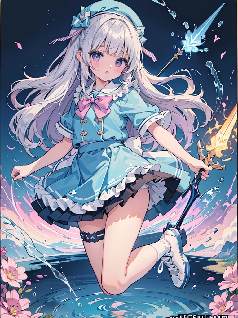 photo realistic, (masterpiece,best quality:1.4),(8k,raw photo,photo realistic:1.2),Not Safe for Work, detailed skin,detailed face,1girl,princess, cute face, super resolution,retro realistic details Illustration,,{{{elaborate,intricately,fantastic,delicately,tremendous,meticulous,minute,incredibly,obsessed,artisan's,subtle,virtuoso,skillful,vibrant, vivid, complex}}}, clearly focus edge, fresh natural gradation, best quality, amazing quality, very aesthetic, absurdres,
pubisure,
(((Blue school uniform))), mini frilled skirt, (frilled panties), happy, (White beret,Comes with a blue bow), (((The sacred weapon of thelong-handled spear of magical splashing))), (((jumping,skirt-lift))), medium bob, ((silver hair)), ((wavy hair)), shimmering eyes, Pink eyes, , 12 yo,(((cape))),((Blue the Bow)), Puffy Sleeves, Bangss, shortsleeves, ((Blue bow ribbon)),(White frilled apron), flat chest, beautiful hands, neck ribbon, wristband, arm garter, baby face, twinkle in the eye, braided bangs, ((frilled ankle socks)), (((Holding a magic spear))), (((high tops))), mary janes, Heart necklace, ring, masterpiece, top-quality, not safe for work,
yumekawa,yumekawaii,pastel color,(wonderland:1.3),imagination, ((splashing)), ((ripples)), splashing water, heart background, (water-color),((Multicolored lights)), (((trading card))),